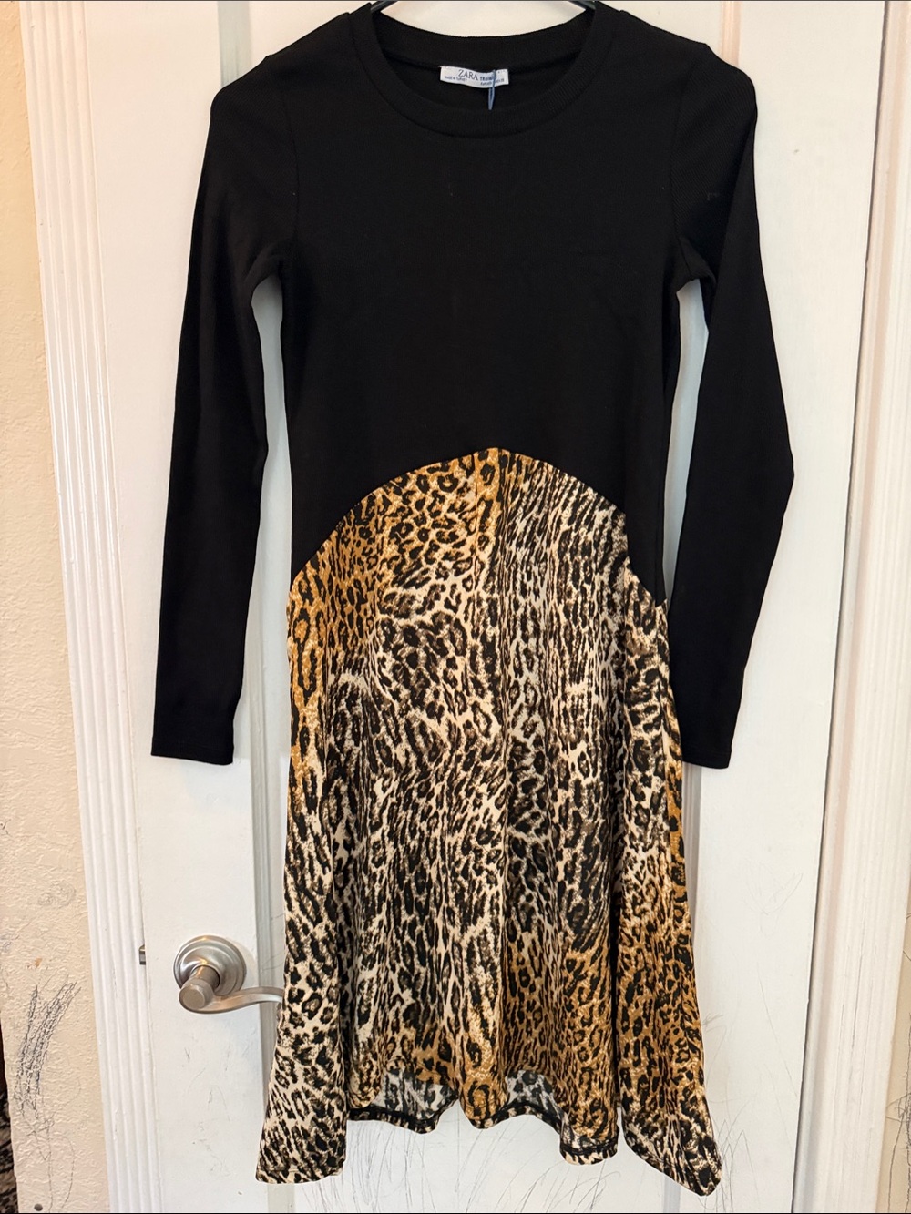 Zara Black Top with Leopard-Print Brown Midi Dress
